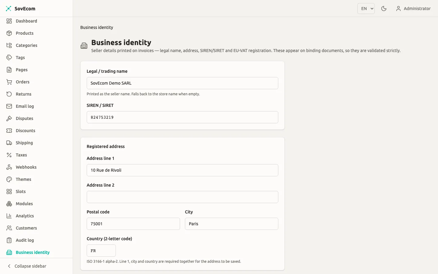 SovEcom admin — business identity