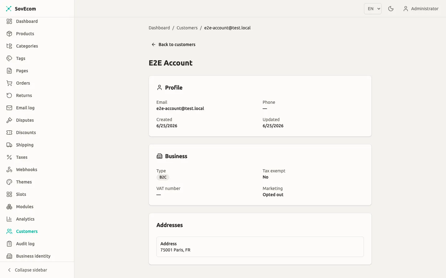 SovEcom admin — customer record with the Business panel (type, VAT, tax-exempt)
