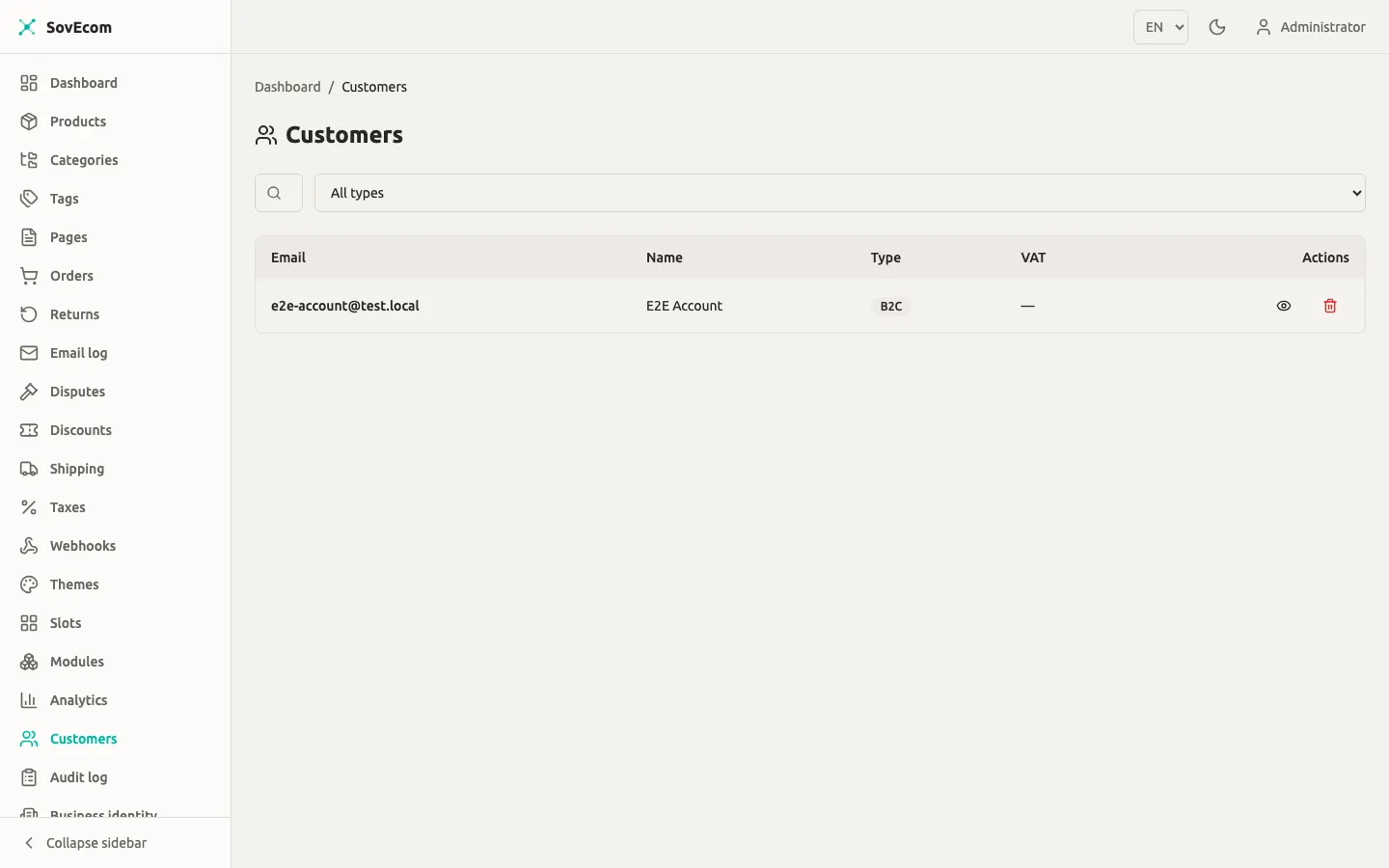 SovEcom admin — Customers list