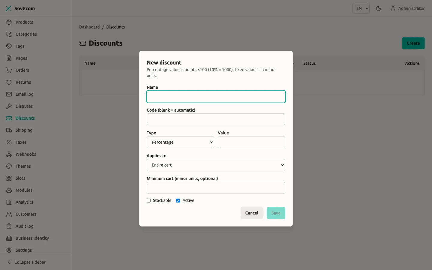 SovEcom admin — New discount form