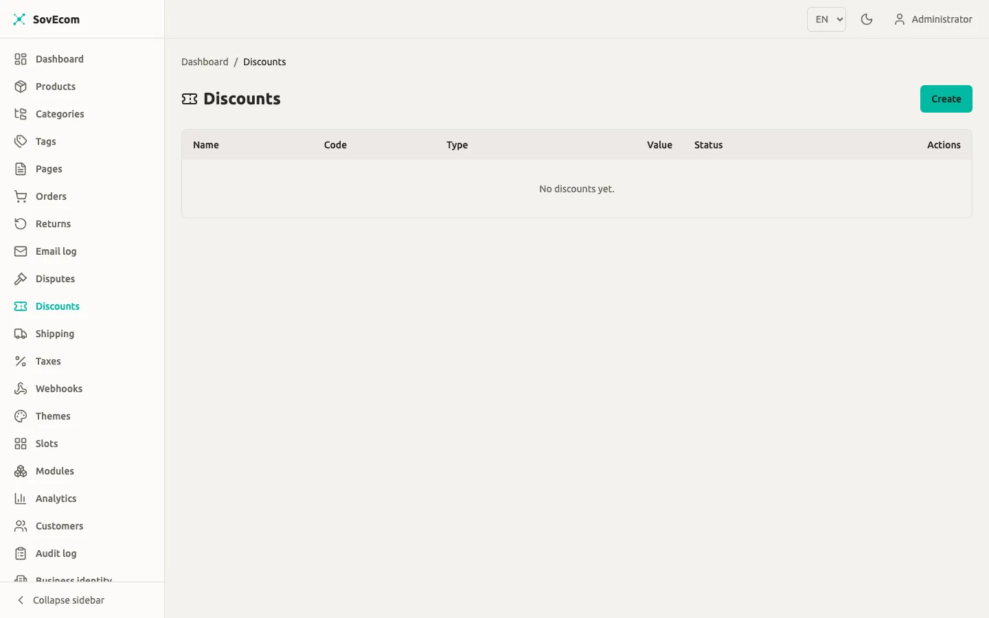 SovEcom admin — Discounts list