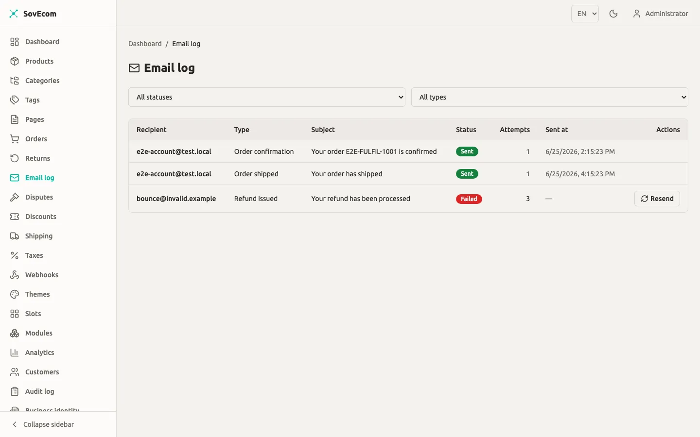 SovEcom admin — email log