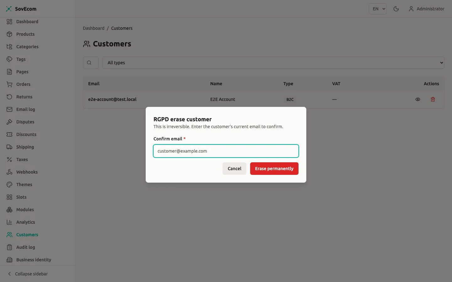 SovEcom admin — RGPD erase confirmation