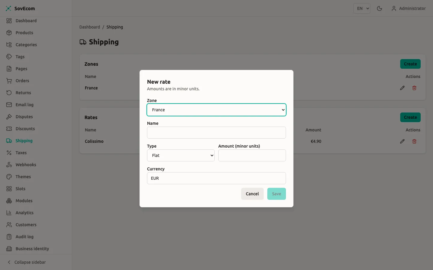 SovEcom admin — new shipping rate dialog