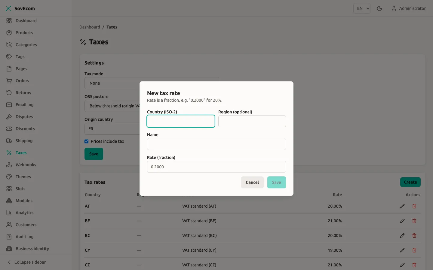 SovEcom admin — New tax rate dialog over the rates table