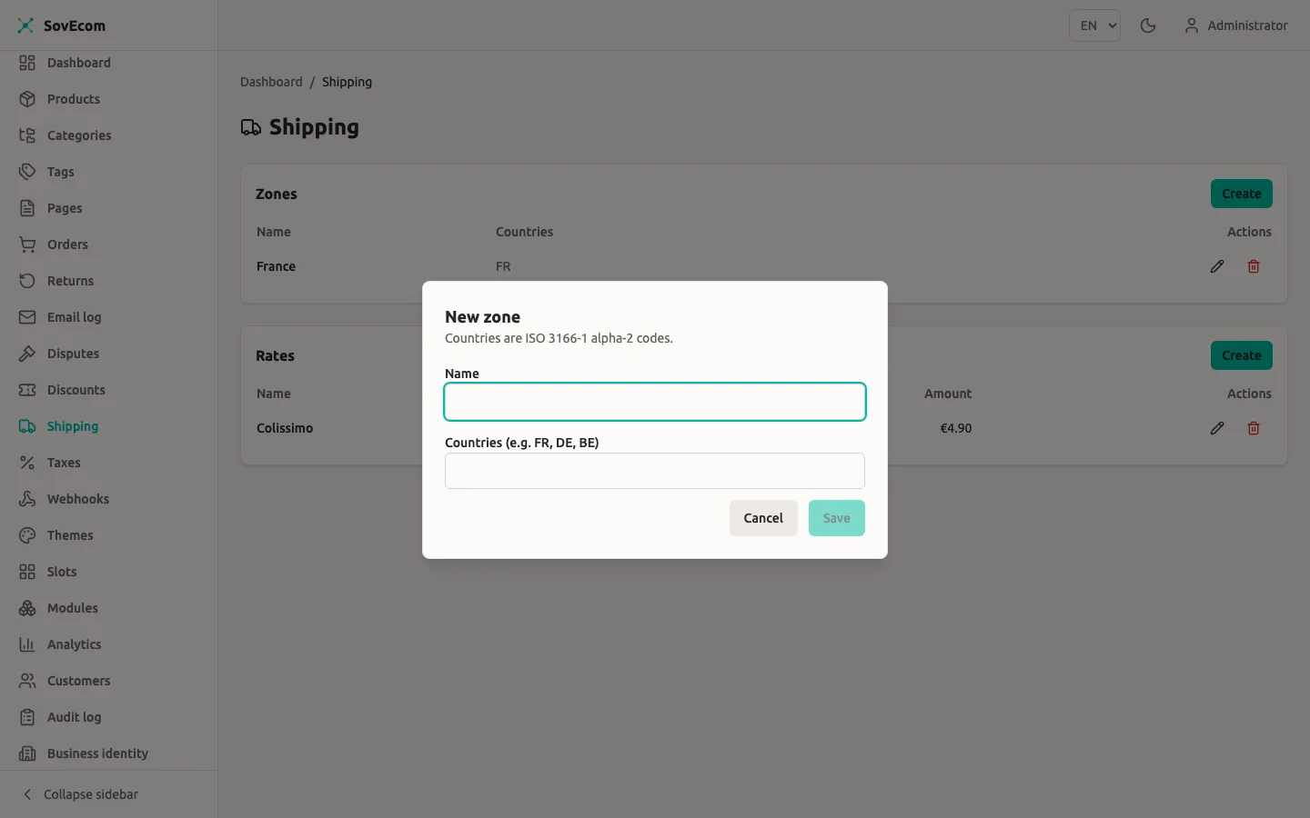 SovEcom admin — new shipping zone dialog