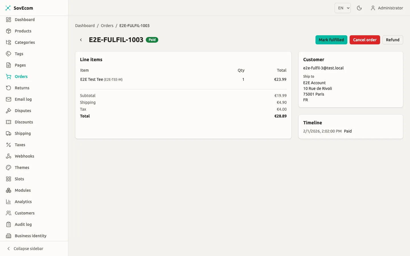 SovEcom admin — order detail: status, line items, timeline, actions