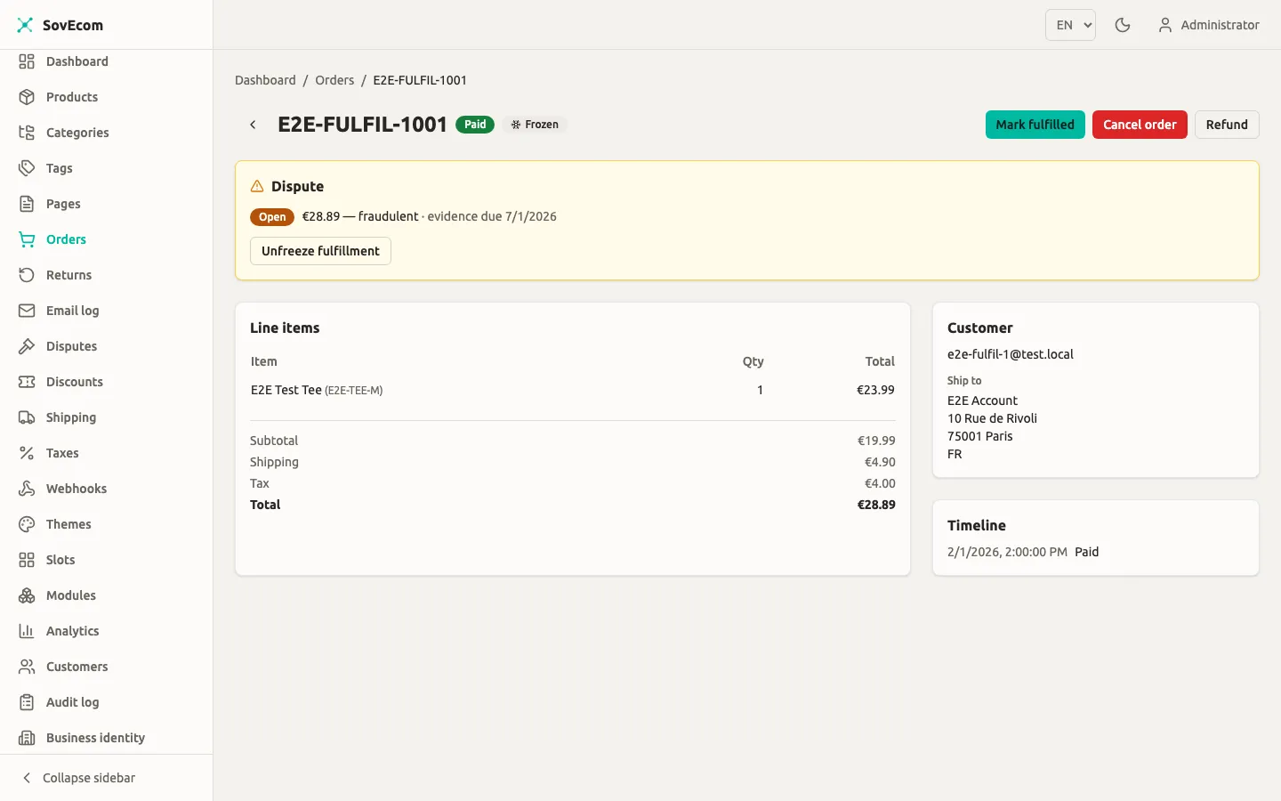 SovEcom admin — order with a fulfilment-frozen dispute banner