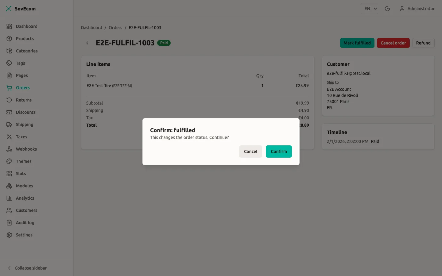 SovEcom admin — fulfilling a paid order (the confirm step that issues its invoice)
