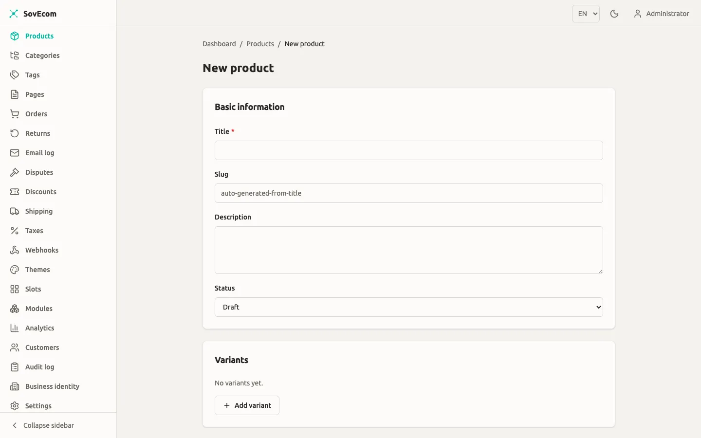 SovEcom admin — new product form