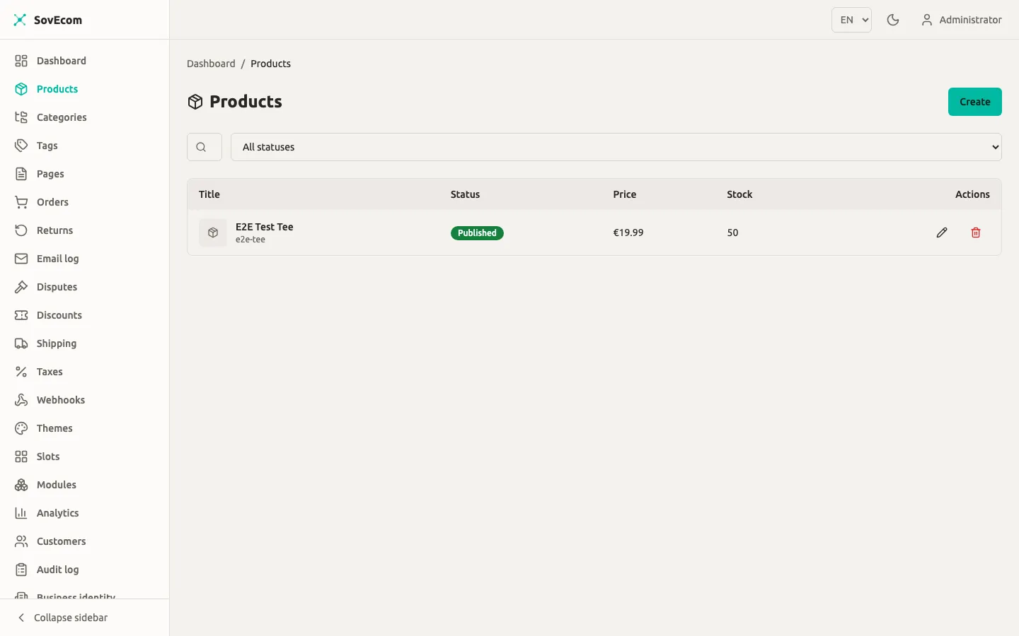 SovEcom admin — Products list