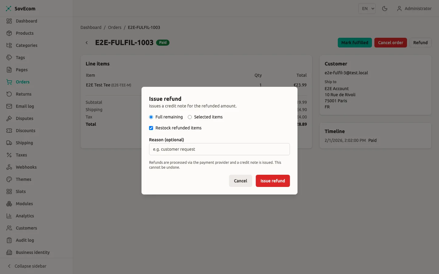SovEcom admin — refund dialog with mode selector