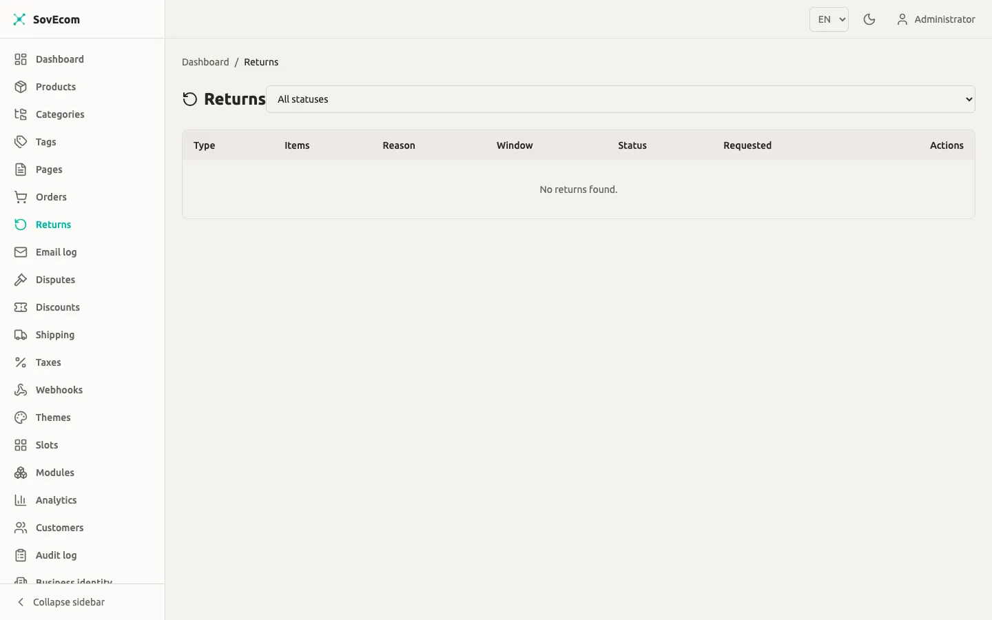 SovEcom admin — Returns queue