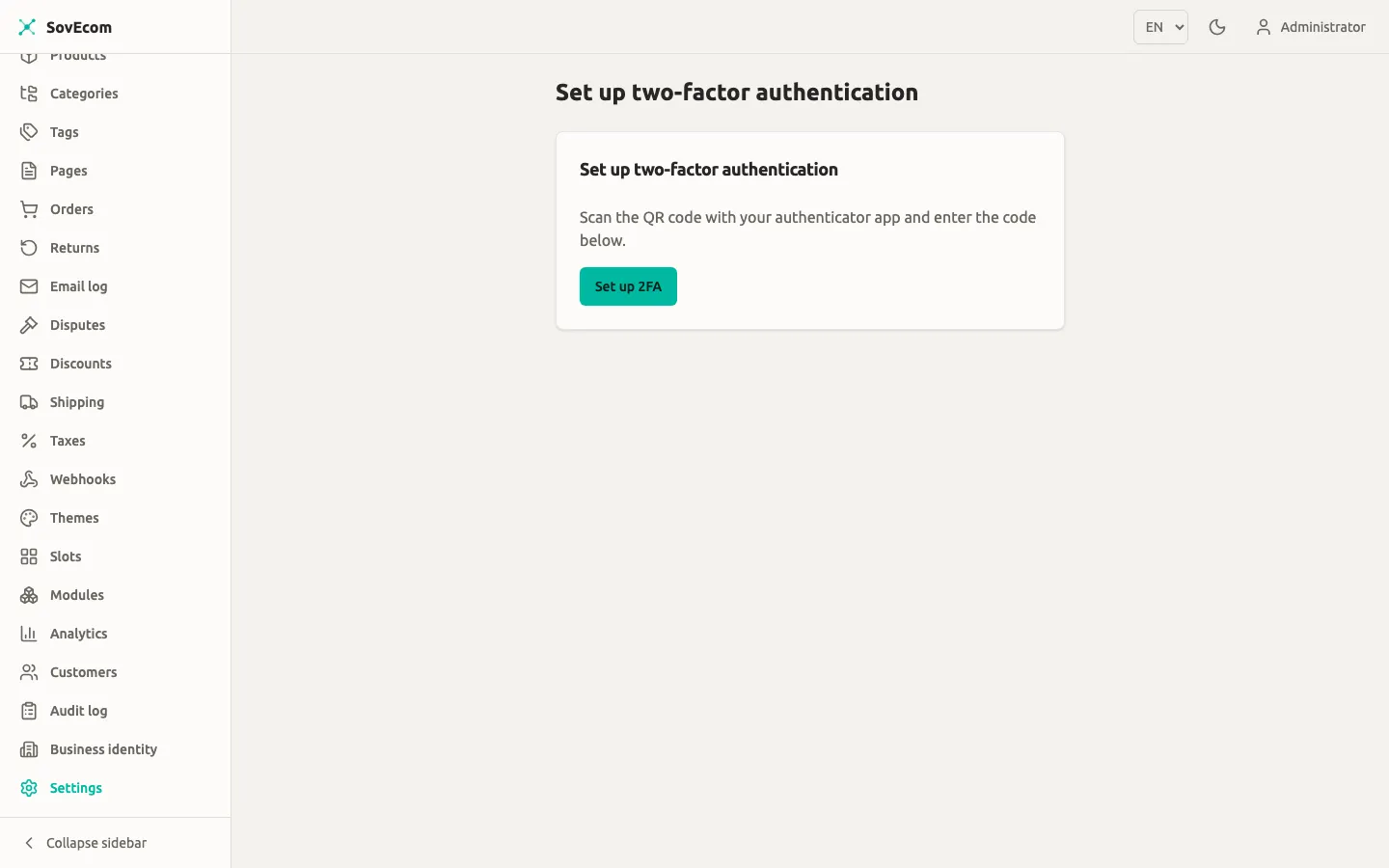 SovEcom admin — two-factor authentication (Settings → Security)