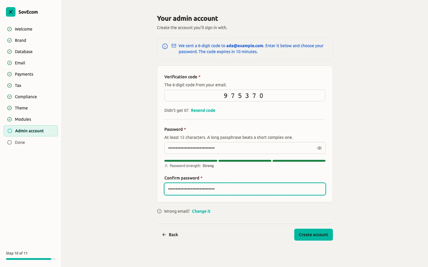 SovEcom setup wizard — admin account (OTP + password)