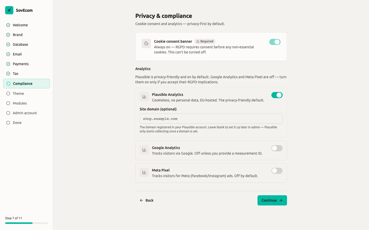 SovEcom setup wizard — privacy & compliance step
