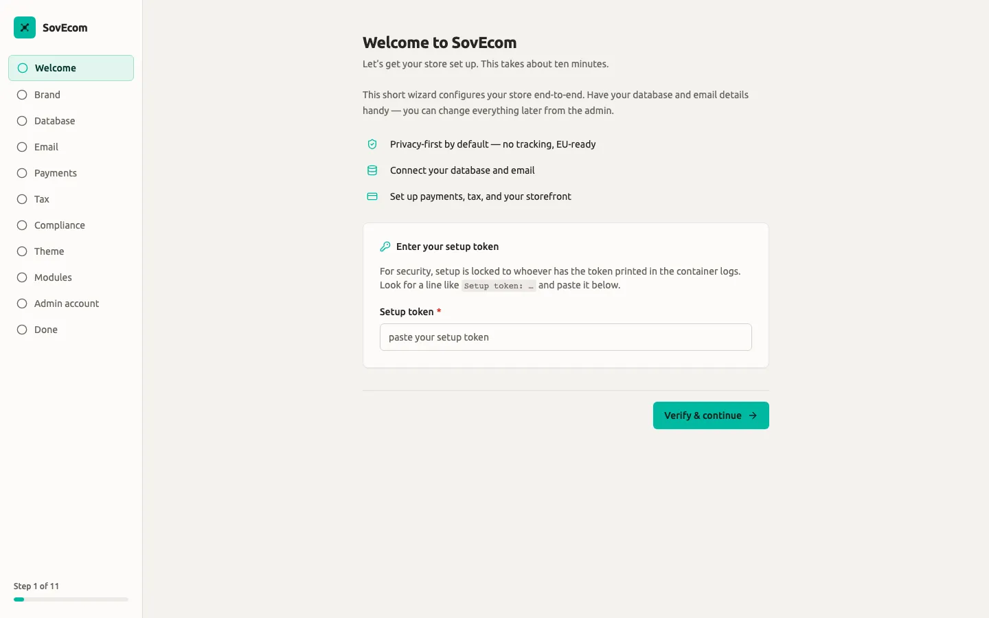 SovEcom setup wizard — welcome + setup-token step