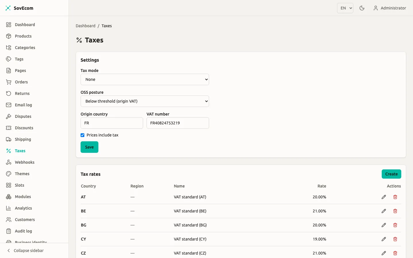 SovEcom admin — Tax settings