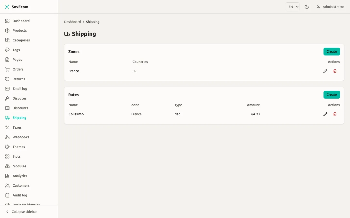 SovEcom admin — Shipping zones and rates